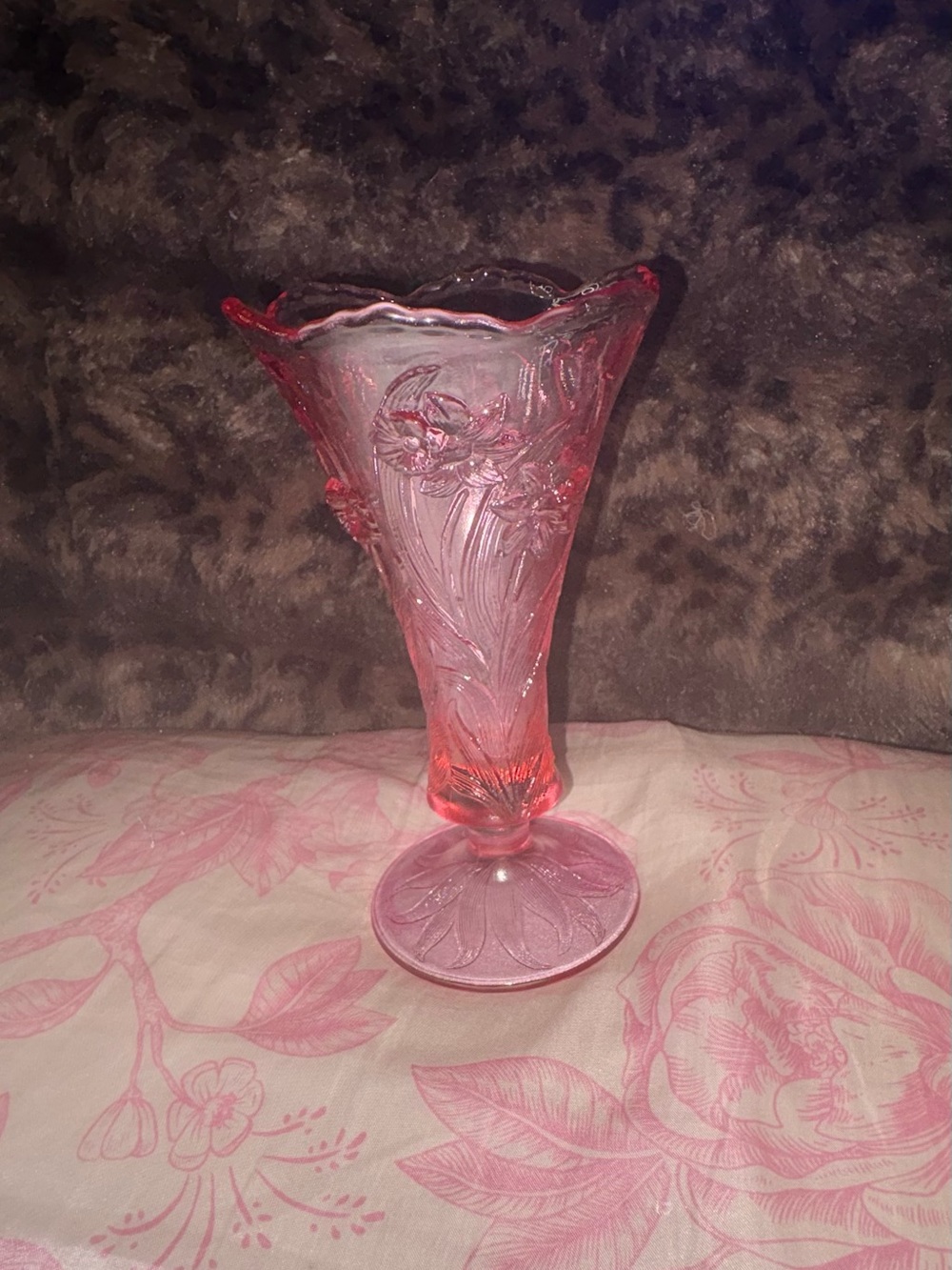Fenton Pink Floral Pressed Glass Vase
